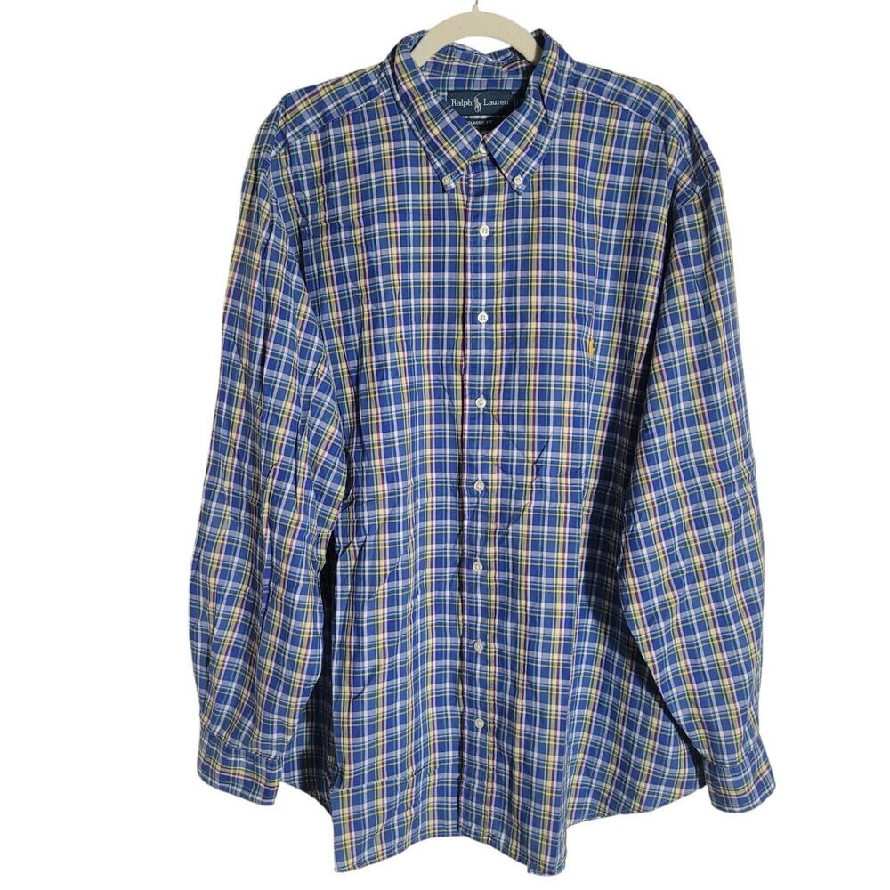 Ralph Lauren Plaid Button Up Shirt Men's Size 2X Big Blue Yellow Cotton Preppy